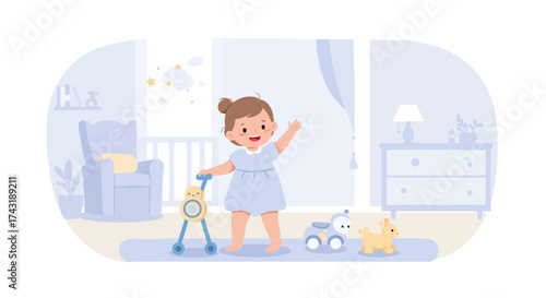 A heartwarming flat design illustration depicting a baby girl taking her exciting first steps in a bright nursery, symbolizing growth and new beginnings. The image shows the joyous milestone.