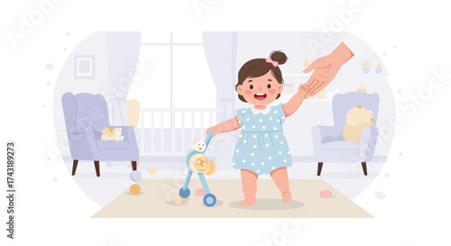 A heartwarming flat design illustration depicting a baby girl taking her exciting first steps in a bright nursery, symbolizing growth and new beginnings. The image shows the joyous milestone.