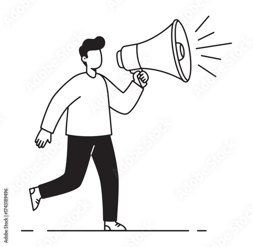 Running man with megaphone announcing promotion or important information outline style