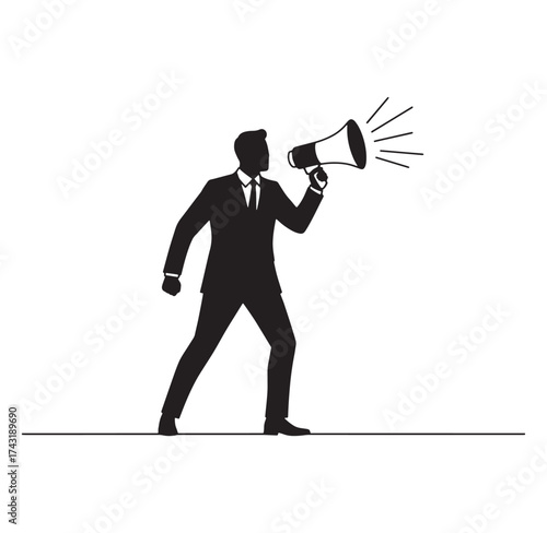 Silhouette of a businessman holding a megaphone announcing important information or message