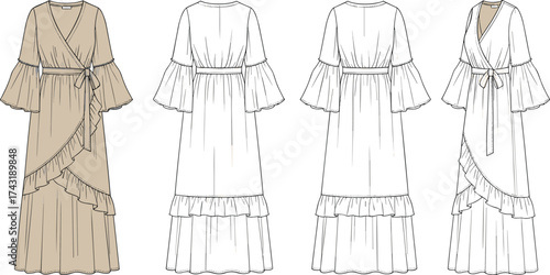 Long wrap dress technical flat sketch, ruffle sleeve and cascading hem with tie waist belt, fashion CAD drawing vector apparel template