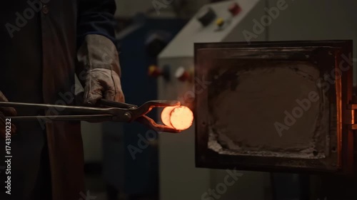 Glassblower working with molten glass in a furnace.