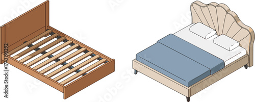 Modern wooden bed frame and luxury upholstered bed illustration, bedroom furniture design, home interior decoration, mattress and headboard concept
