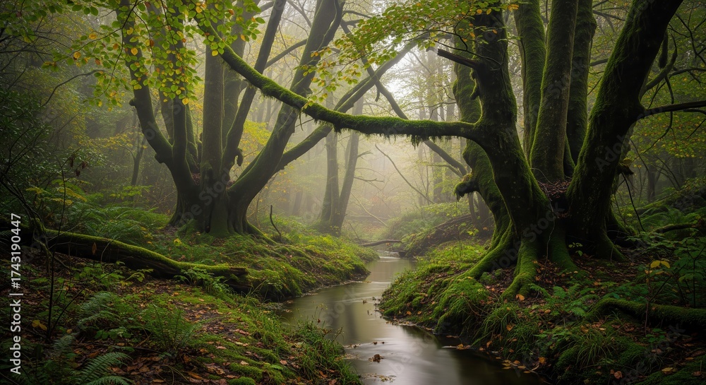 Fototapeta premium Serene misty forest with ancient moss covered trees and a tranquil stream flowing through