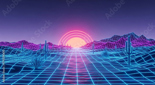 Retro futuristic desert landscape with neon grid road, cacti, mountains, and sunset, evoking a sense of 80s nostalgia and digital exploration
