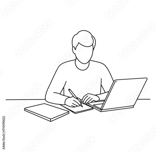Simple black and white illustration of a person working on laptop and taking notes