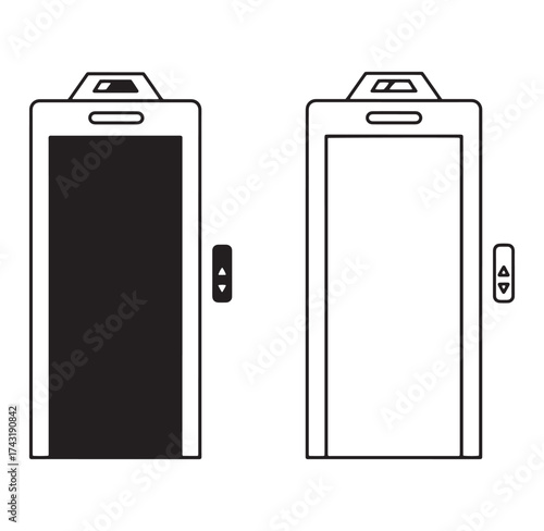 Simple black and white illustration of two elevator doors with control panels