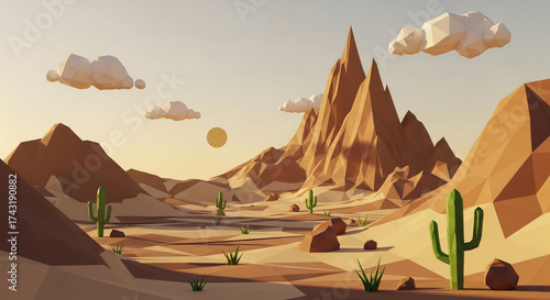 Low poly desert landscape with towering mountains, cacti, and fluffy clouds, creating a peaceful and stylized scene with warm colors and geometric shapes