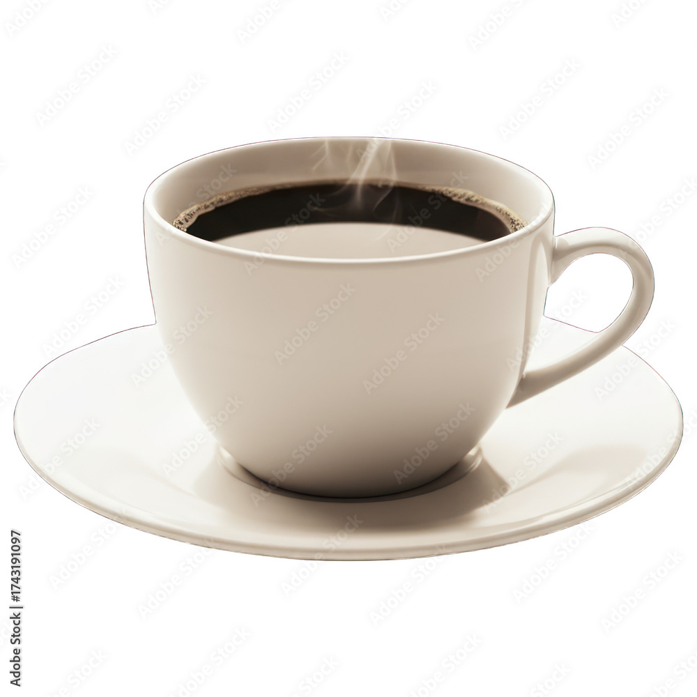 Obraz premium A steaming cup of dark liquid sits on a saucer, isolated on a transparent backdrop