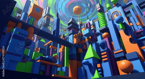 Abstract low poly city with colorful buildings and a swirling sky, creating a vibrant and surreal urban landscape with geometric shapes and bold colors