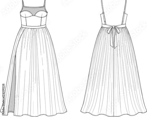 Long sleeveless dress technical flat sketch, fitted bodice with bow waist and pleated skirt, fashion CAD drawing, vector apparel illustration template