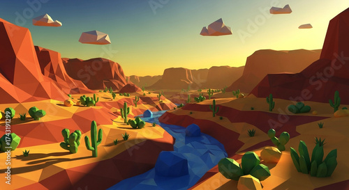 Low poly desert landscape with a river, cacti, and clouds in the sky, showcasing a stylized and simplified natural environment at sunset