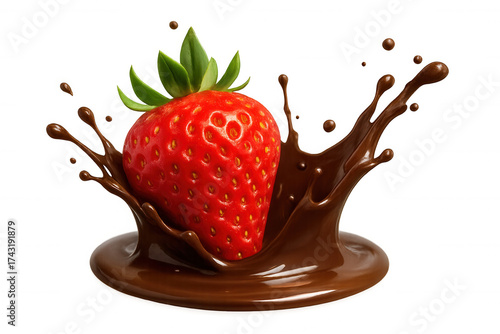 Juicy red strawberry splashing into dark melted chocolate, a sweet dessert treat. Element for food advertising