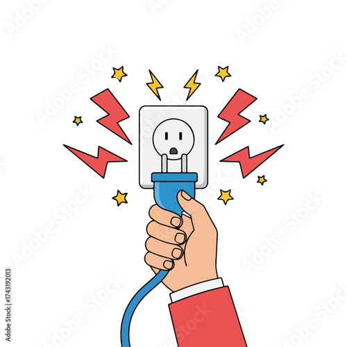 Hand plugging electrical cord into wall socket with lightning