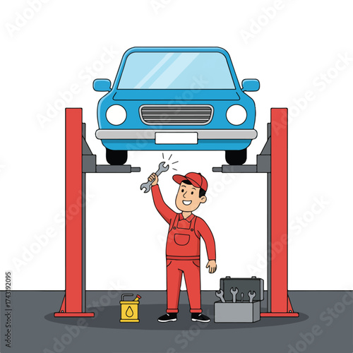 Car mechanic working on a car on a lift