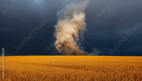 Golden field dark sky smoke plume fire wheat field