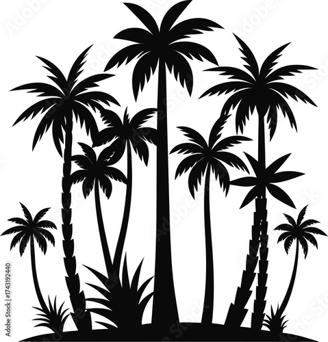 Vector art of multiple palm trees in silhouette, isolated on a, evoking a tropical paradise