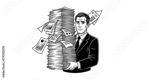 A stressed businessman struggles with a massive stack of paperwork, overwhelmed.