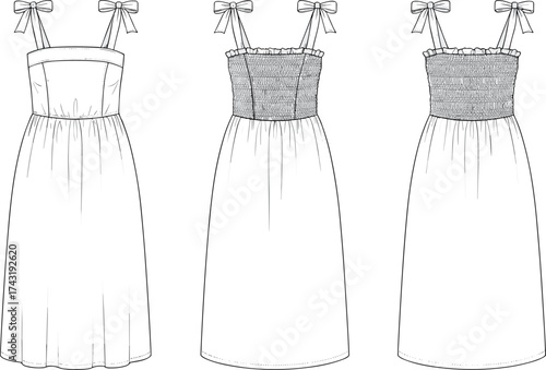 Sleeveless bow strap midi dress technical flat sketch, shirred back bodice with flared skirt, fashion CAD drawing, vector apparel illustration templateSleeveless bow 