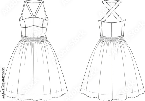 Sweetheart neckline dress technical flat sketch, crisscross strap bodice with scalloped hem skirt, fashion CAD drawing, vector apparel illustration template