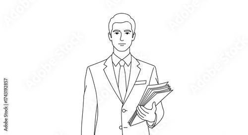 A man in a suit holding a stack of documents, looking forward.