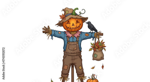 A cartoon scarecrow with a pumpkin head, wearing overalls, with a crow perched on its arm, and a sack of leaves.