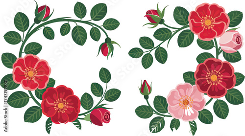 Rose Wreath Embroidery Design: Red and Pink Roses Floral Arrangement