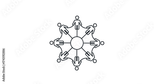 Illustration of interconnected people figures forming a circle around a central node, symbolizing networking and collaboration.