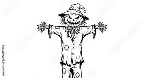 Line art illustration of a scarecrow with a menacing carved pumpkin face, wearing patched clothing and a hat.