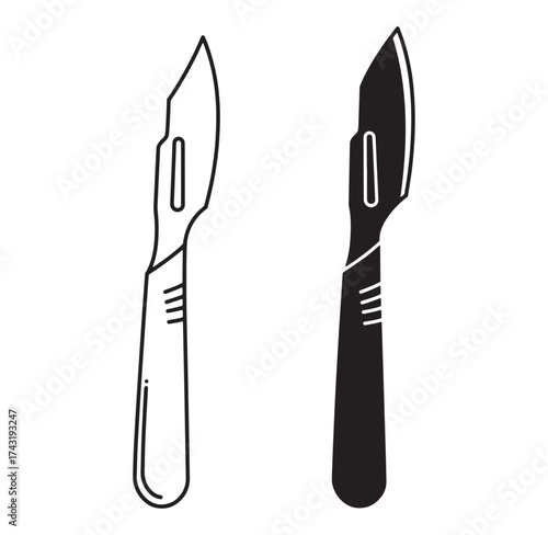 Two minimalist scalpel illustrations depicting medical surgery instruments with black and white outlines