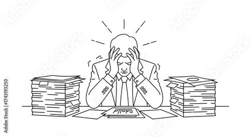 A stressed businessman overwhelmed by paperwork, holding his head in frustration.