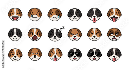 Collection of dog face emojis with various expressions, including happy, sad, angry, sleeping, and playful.