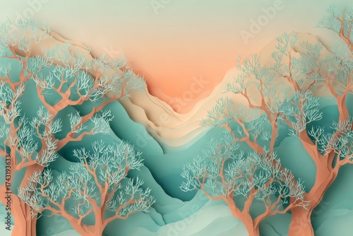 Two large, stylized trees, with delicate, light teal branches, stand against layered, soft peach and mint-green hills, creating a serene, peaceful landscape.