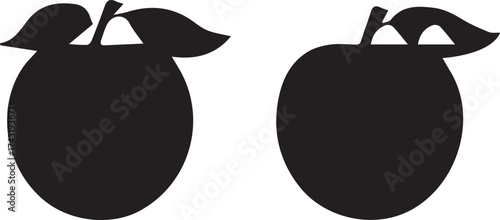 Two stylized black silhouette illustrations of ripe plums with green leaves and stems on a white background