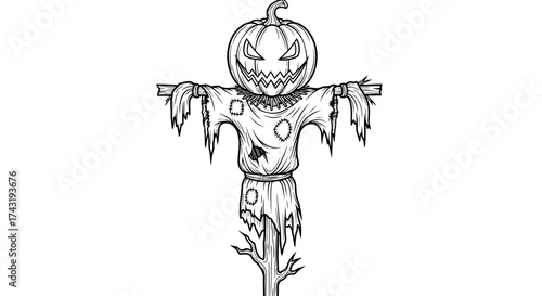 A scarecrow illustration with a pumpkin head, tattered clothes, and a menacing expression, set against a white background.