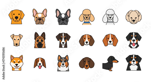 A collection of cartoon dog breed heads, including poodles, beagles, dachshunds, and golden retrievers, arranged in rows.