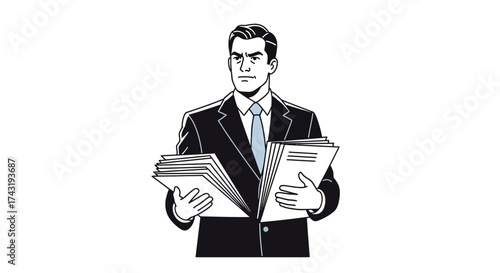 A stern businessman holding documents, possibly reviewing paperwork, with serious expression.