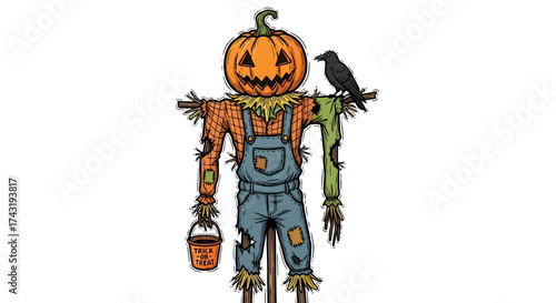 Cartoon scarecrow with a pumpkin head, wearing overalls, holding a bucket, with a crow perched on its arm.