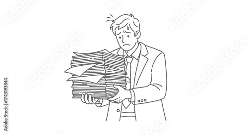 Anxious man in suit overwhelmed by a large stack of paperwork, looking stressed and worried.