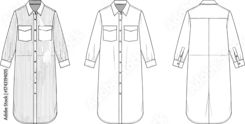 Long shirt dress technical flat sketch, striped fabric variation, front and back garment design, fashion CAD drawing, vector apparel illustration template