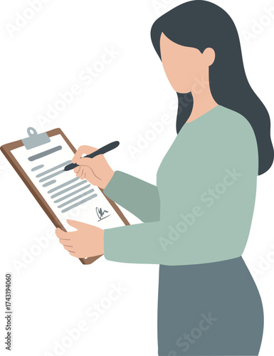 Woman writing on clipboard in profile view