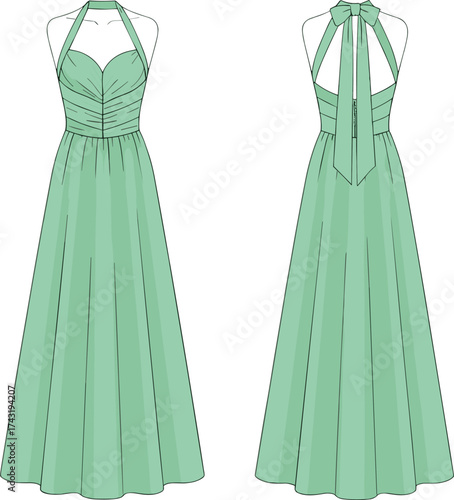 Elegant halter neck evening dress technical flat sketch, pleated bodice and flowing skirt, fashion CAD drawing, vector apparel illustration template