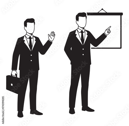 Vector illustration of two businessmen in suits in different business poses with a presentation board