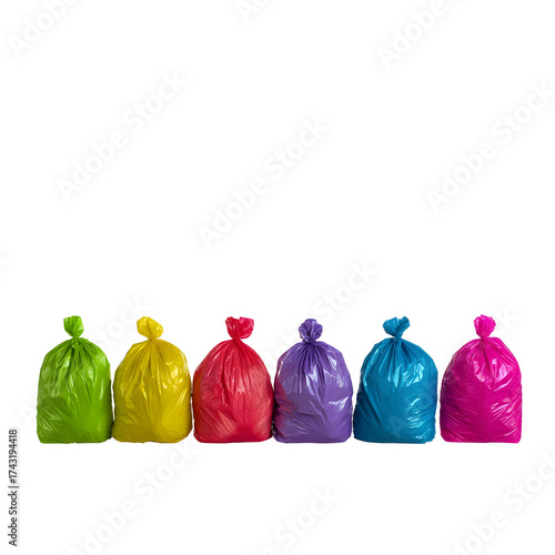 Collection of colorful waste bags against a transparent background