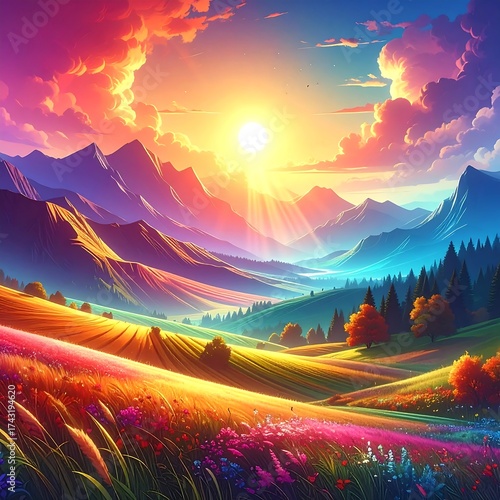 Majestic vista of mountains, sunlight, and vibrant meadows