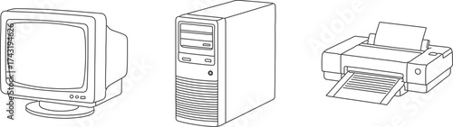 Retro computer set with monitor tower and printer