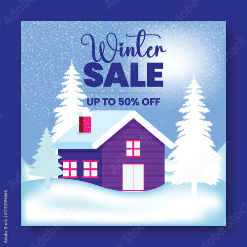 Trendy Winter Sale Social Media Post Template with Realistic 3D Snow House outdoor Scene illustration, Special Offer Text, and Editable Square flyer and poster for Social Media Post, Winter party