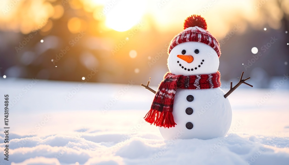Fototapeta premium Snowy snowman, warm colors, winter scene
