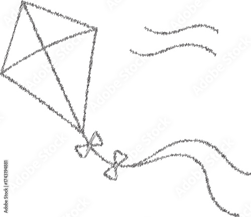 Kite flying in the wind with curving string trail