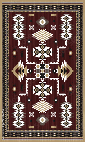 Navajo storm pattern rug style vector.Sacred mountain symbolism with central rectangular motif connecting four corners.Representing weather,lightning.Carpet southwestern tribal geometric illustration.